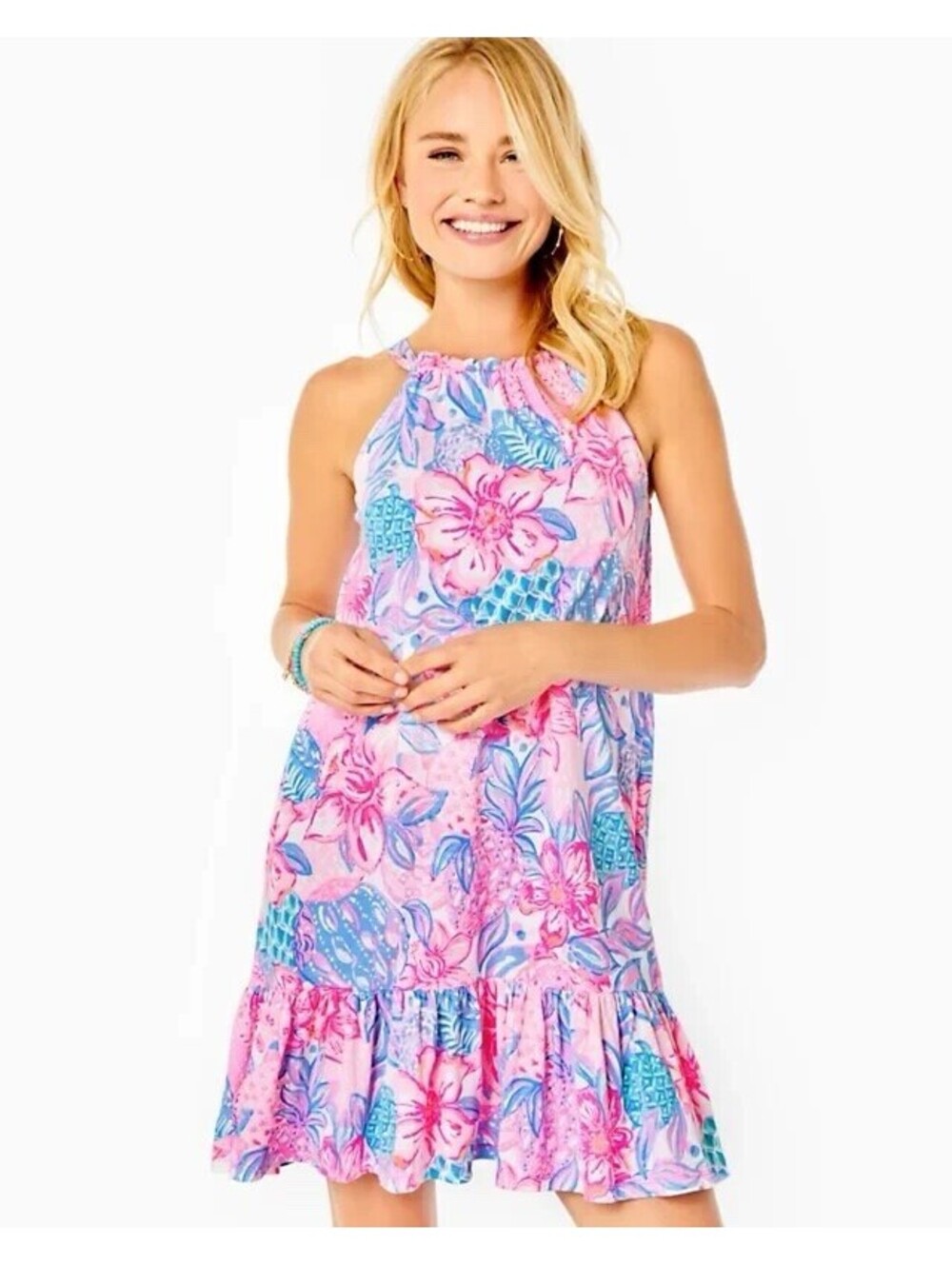 Lilly Pulitzer Saira Halter Floral Printed Beach Wear Pink Mini Dress